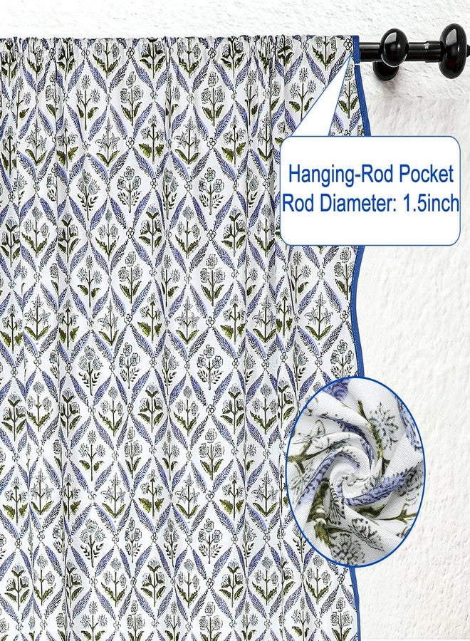 Hahafelt 52 x 84 Inches Scalloped Block Print Curtain Floral Cotton Curtains Blue and Green Semi-sheer Farmhouse Boho Window Drapes for Bedroom Living Room Floral Patterned Country Window Panel, 1 Pcs - Image 5